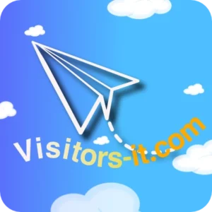 โลโก้ Visitors-it.com เครื่องบินกระดาษสีขาวบนพื้นหลังสีฟ้ามีก้อนเมฆ พร้อมชื่อเว็บไซต์ มีมุมโค้งมน