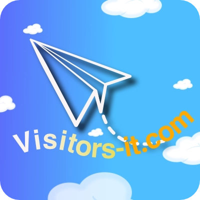 โลโก้ Visitors-it.com เครื่องบินกระดาษสีขาวบนพื้นหลังสีฟ้ามีก้อนเมฆ พร้อมชื่อเว็บไซต์ มีมุมโค้งมน